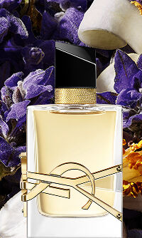 Libre Eau de Toilette bottle with gold YSL logo on clear glass and pale juice.