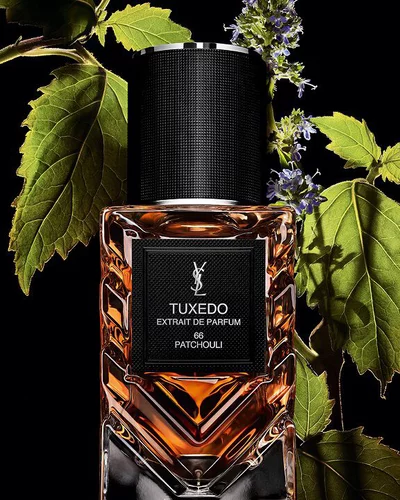 YSL LVDP Tuxedo Extrait de Parfum bottle, adorned with vibrant green patchouli leaves and delicate purple flowers.