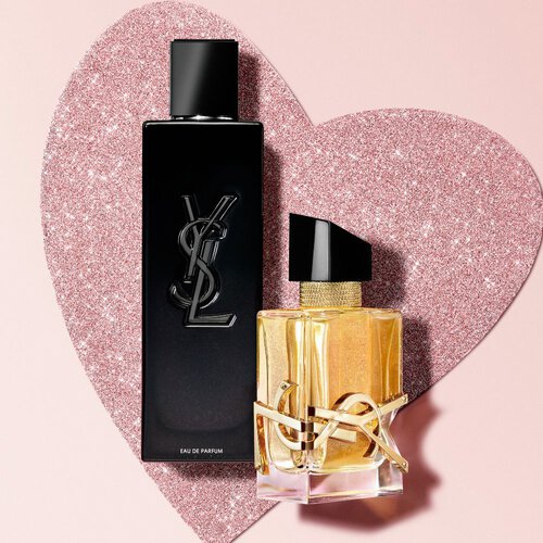 YSL Libre Eau de Parfum 50ml and Myself Eau de Parfum 100ml, both on a glittery pink heart background.