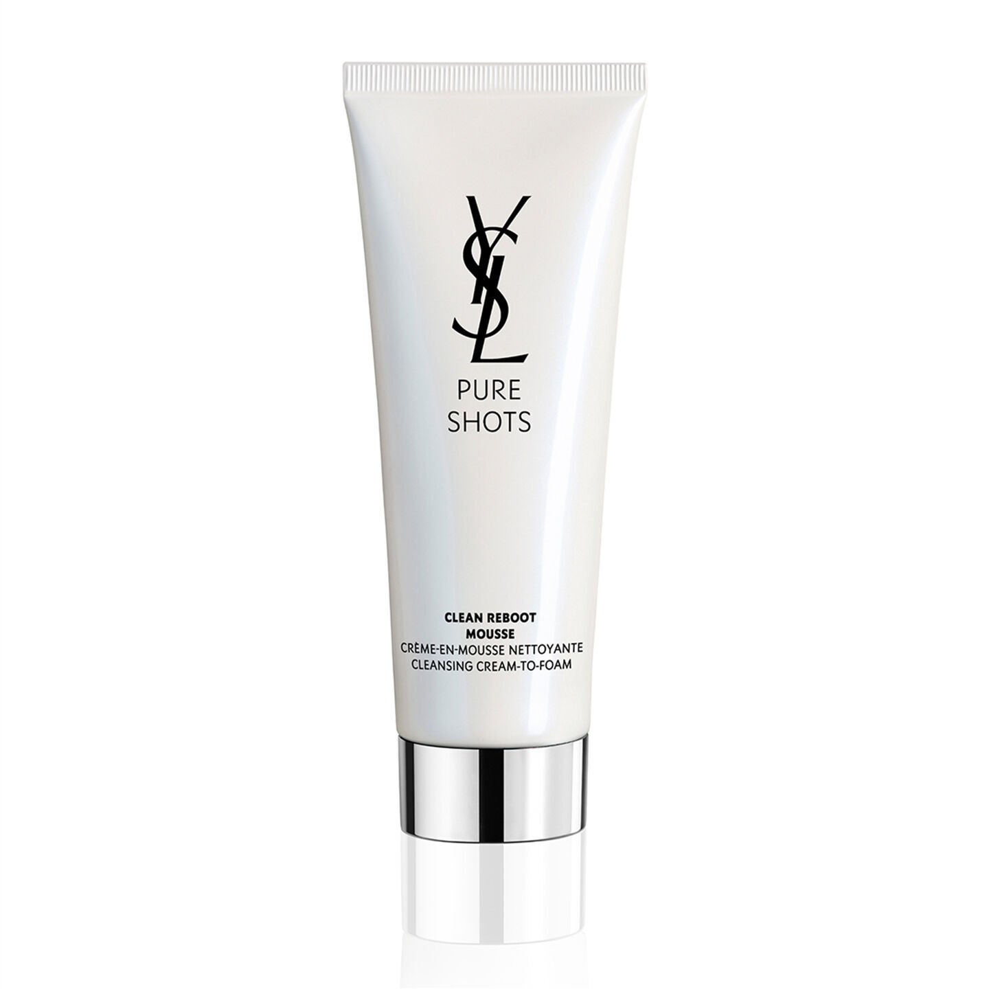 YSL Pure Shots Clean Reboot Mousse 10ml packshot, front view of a white tube, a luxurious cleansing cream-to-foam.