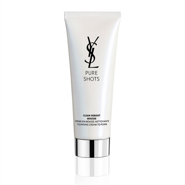 YSL Pure Shots Clean Reboot Mousse 10ml packshot, front view of a white tube, a luxurious cleansing cream-to-foam.