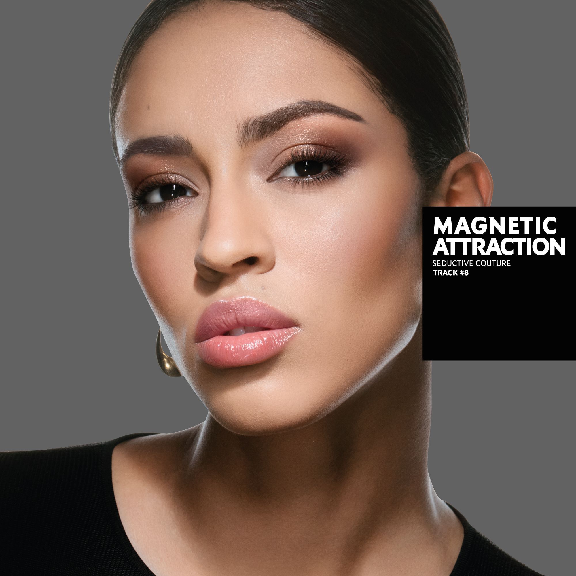 Karen, tanned skin tone, with a seductive couture look and pink glossy lips, wearing gold hoop earrings.