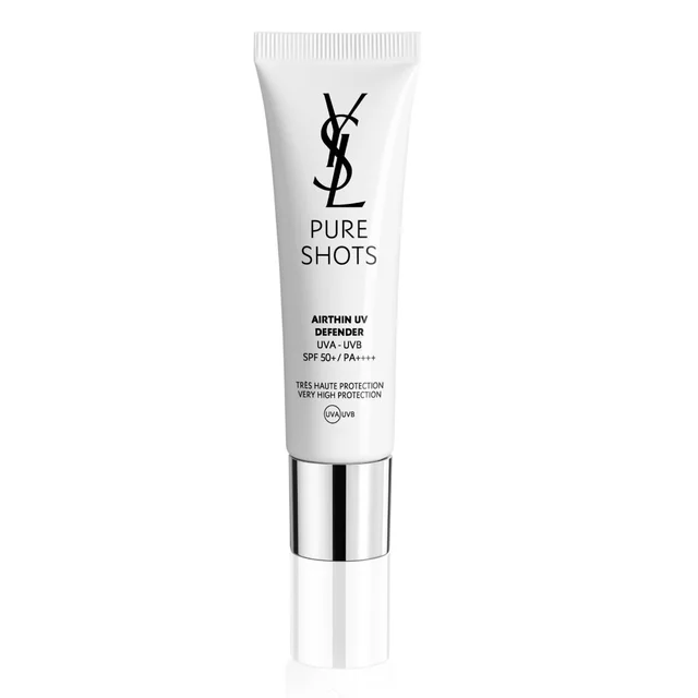 YSL Beauty Pure Shots Airthin UV Defender in a white tube with silver cap, on white background.