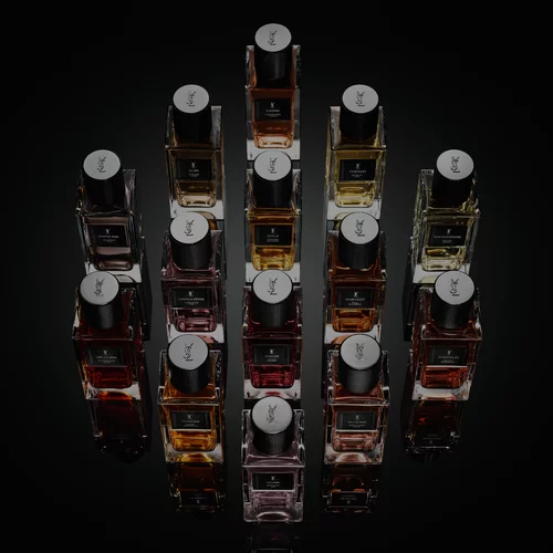 Top view of the complete Le Vestiaire des Parfums collection bottles arranged by YSL Beauty.