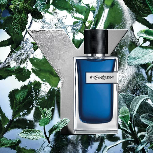 YSL Y Eau de Toilette Intense Iced Cologne bottle, frosted Y logo, fresh mint leaves, and icy water splashes.