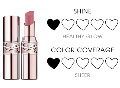 YSL LOVESHINE Candy Glow lipstick in shade 1B Pink Sunrise, shown open and closed, highlighting its luxurious design.