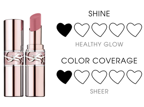 YSL LOVESHINE Candy Glow lipstick in shade 1B Pink Sunrise, shown open and closed, highlighting its luxurious design.