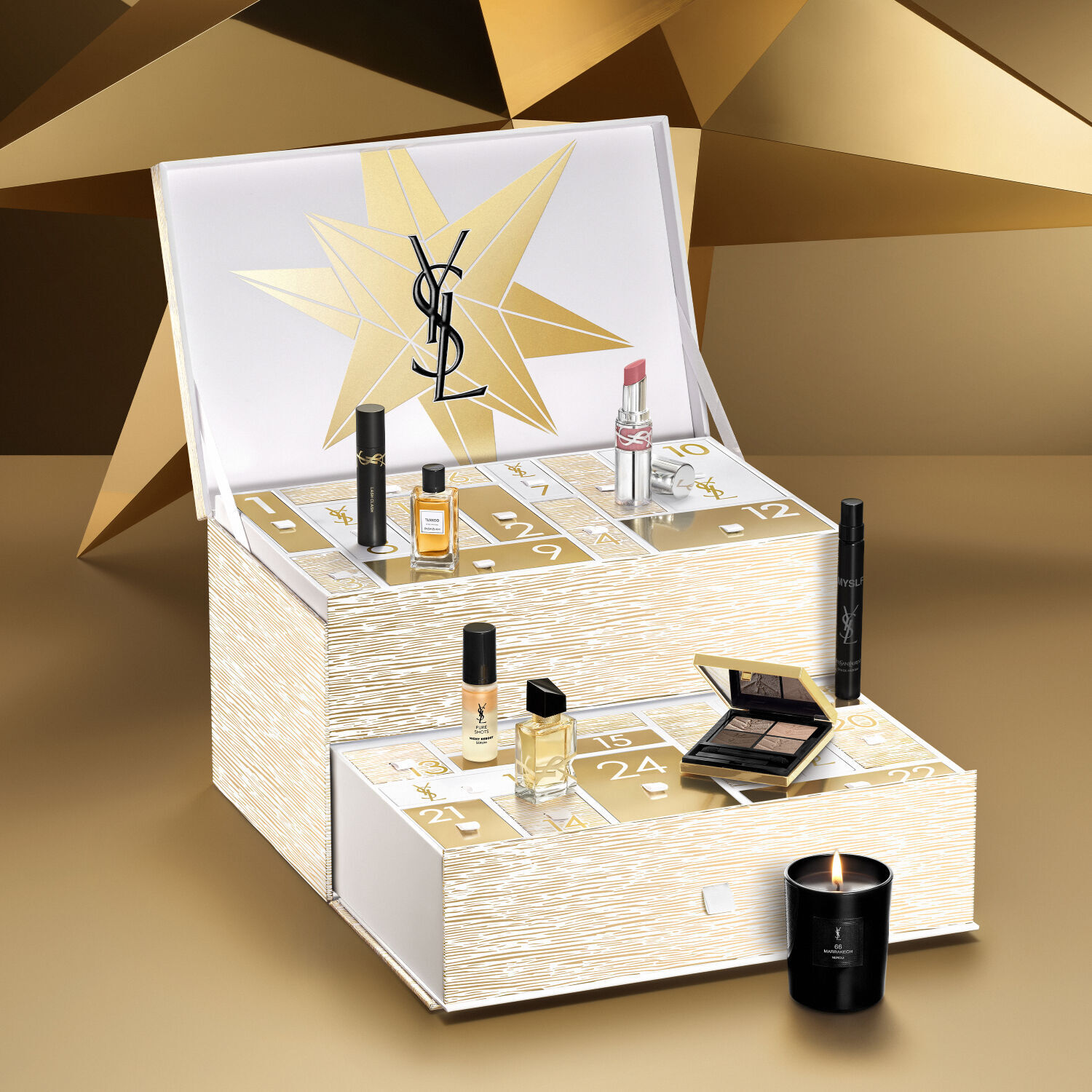 Holiday Advent Calendar, open to reveal various YSL makeup and fragrance products, on a golden background.