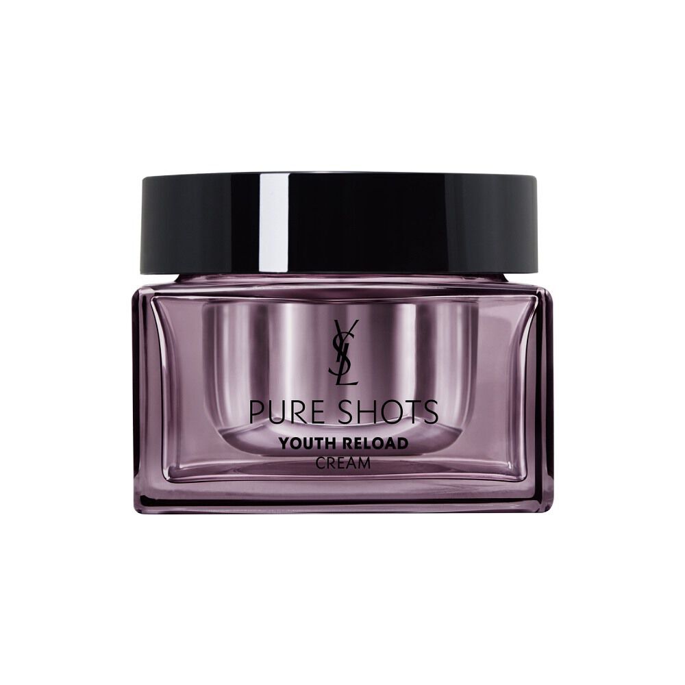 YSL Beauty Pure Shots Youth Reload Cream, 50ml, in a sleek purple-tinted glass jar with black lid, reflected on white.
