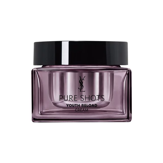 YSL Beauty Pure Shots Youth Reload Cream, 50ml, in a sleek purple-tinted glass jar with black lid, reflected on white.