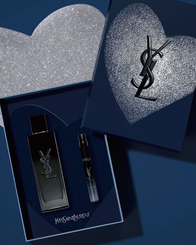 YSL MYSLF EDP gift set: 100ml & 10ml, in a dark blue box with sparkling silver hearts. Valentine's Day edition.