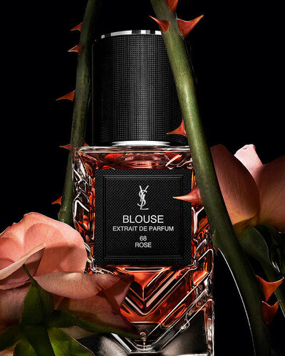 YSL LVDP Blouse Extrait de Parfum bottle, elegantly framed by delicate pink roses and thorny stems on a dark background.