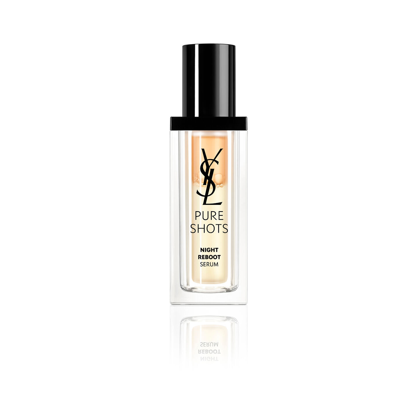 YSL Pure Shots Night Reboot Serum 30ml packshot, front view, clear bottle with black cap.