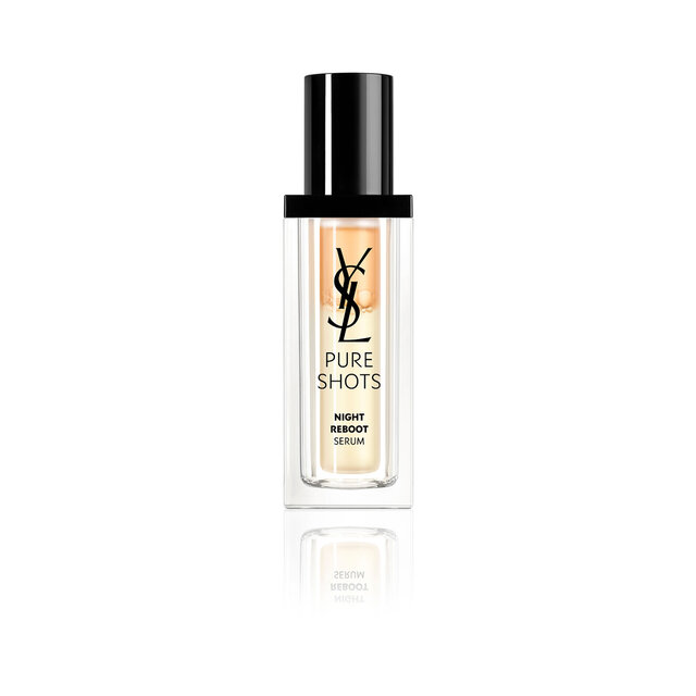 YSL Pure Shots Night Reboot Serum 30ml packshot, front view, clear bottle with black cap.