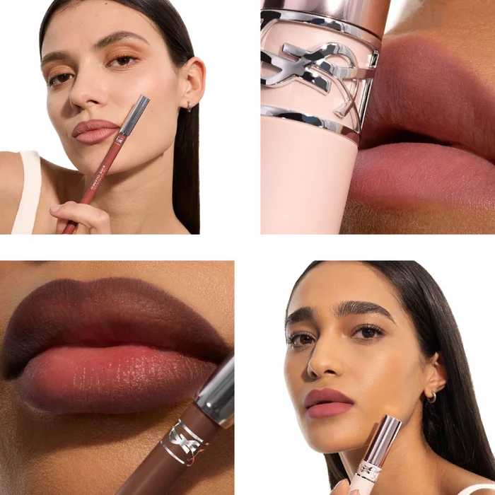 Adrienne holding YSL LOVENUDE Kiss Shaper 26 in Shade 104, full- face shot on a white background. Merna's lips with YSL LOVENUDE Lip Blusher 26 in Shade 44, a close- up showcasing the product. Bineta's lips with YSL LOVENUDE Kiss Shaper 26 in Shade 107, a close- up showcasing the product. Merna holding YSL LOVENUDE Lip Blusher 26 in Shade 1, full-face shot on a white background.