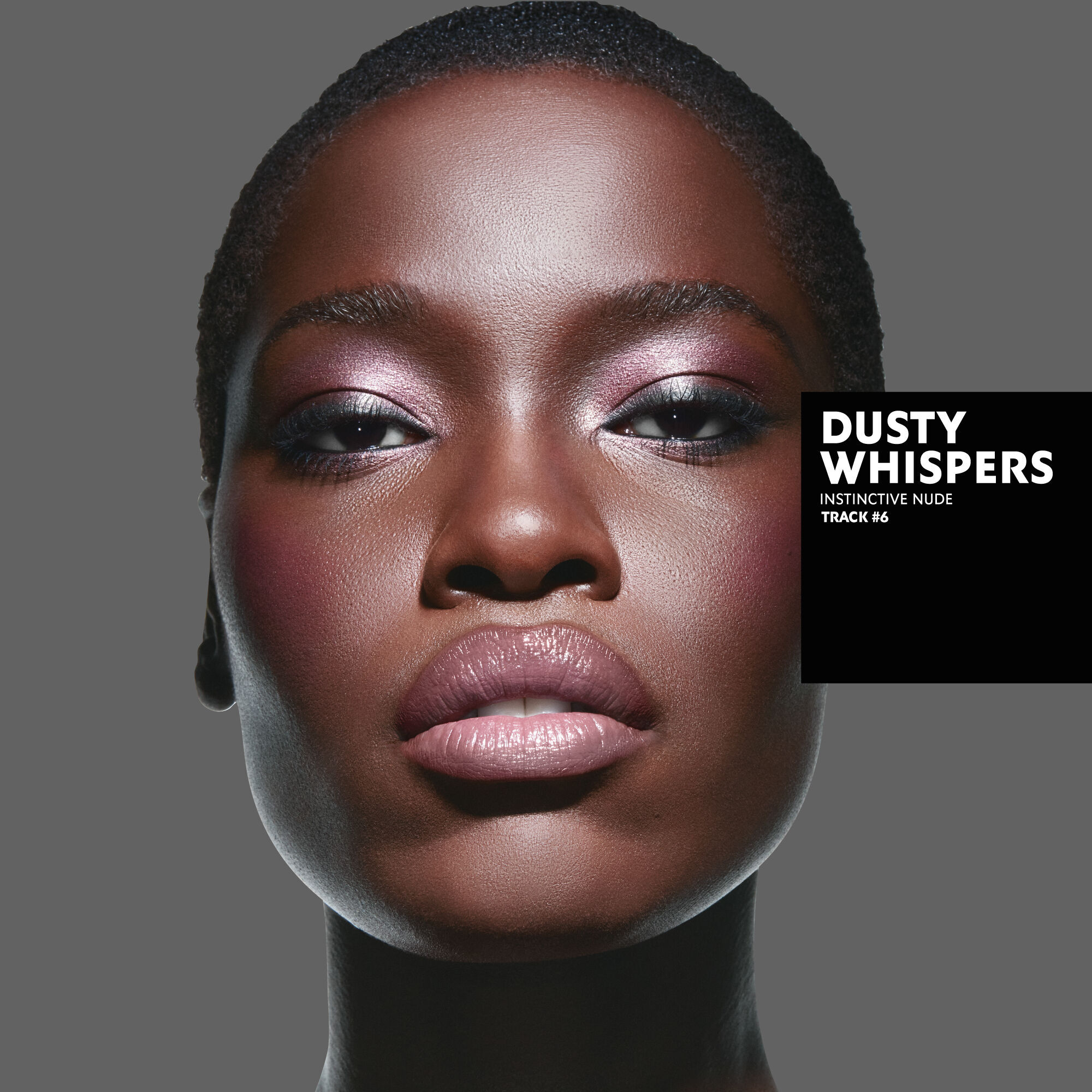 Awar, deep skin tone, with an instinctive nude eye look and dusty whispers glossy lips.