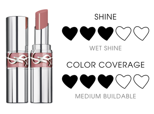 YSL LOVESHINE Lipstick in shade 10 Stardust Love, shown opened and closed with a shimmery pink texture swatch.