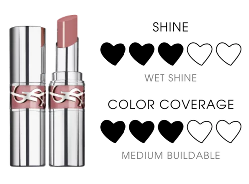 YSL LOVESHINE Lipstick in shade 10 Stardust Love, shown opened and closed with a shimmery pink texture swatch.