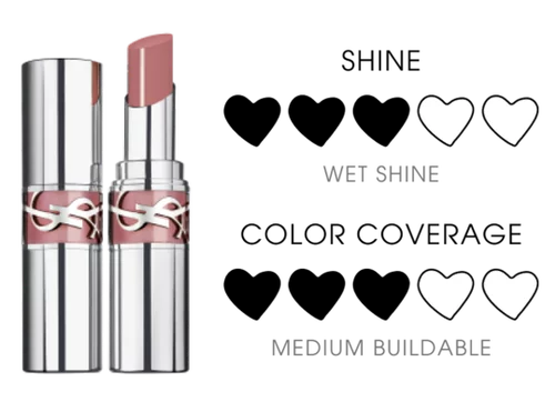 YSL LOVESHINE Lipstick in shade 10 Stardust Love, shown opened and closed with a shimmery pink texture swatch.