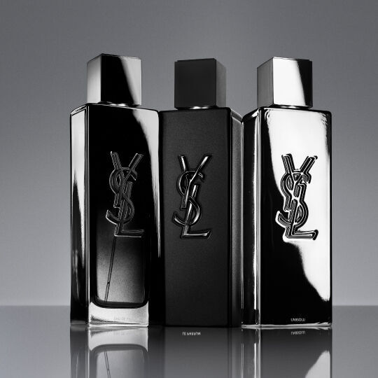 YSL MYSLF L'Absolu fragrance range: EDP, Le Parfum, and L'Absolu. Digital still life.
