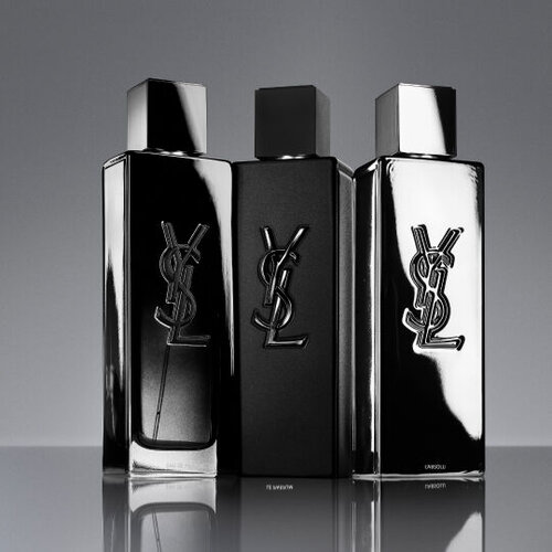 YSL MYSLF L'Absolu fragrance range: EDP, Le Parfum, and L'Absolu. Digital still life.