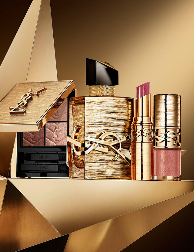 Holiday collectors: Couture Mini Clutch, Libre Vanille Couture, Loveshine Pluming Lip Oil Gloss, Loveshine Candy Glaze on a golden star.