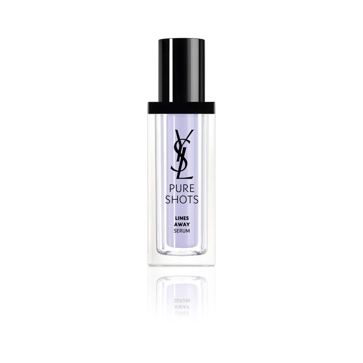 Pure Shots Lines Away Serum bottle with black cap and lavender-toned formula on a white background.