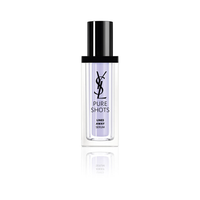 Pure Shots Lines Away Serum bottle with black cap and lavender-toned formula on a white background.