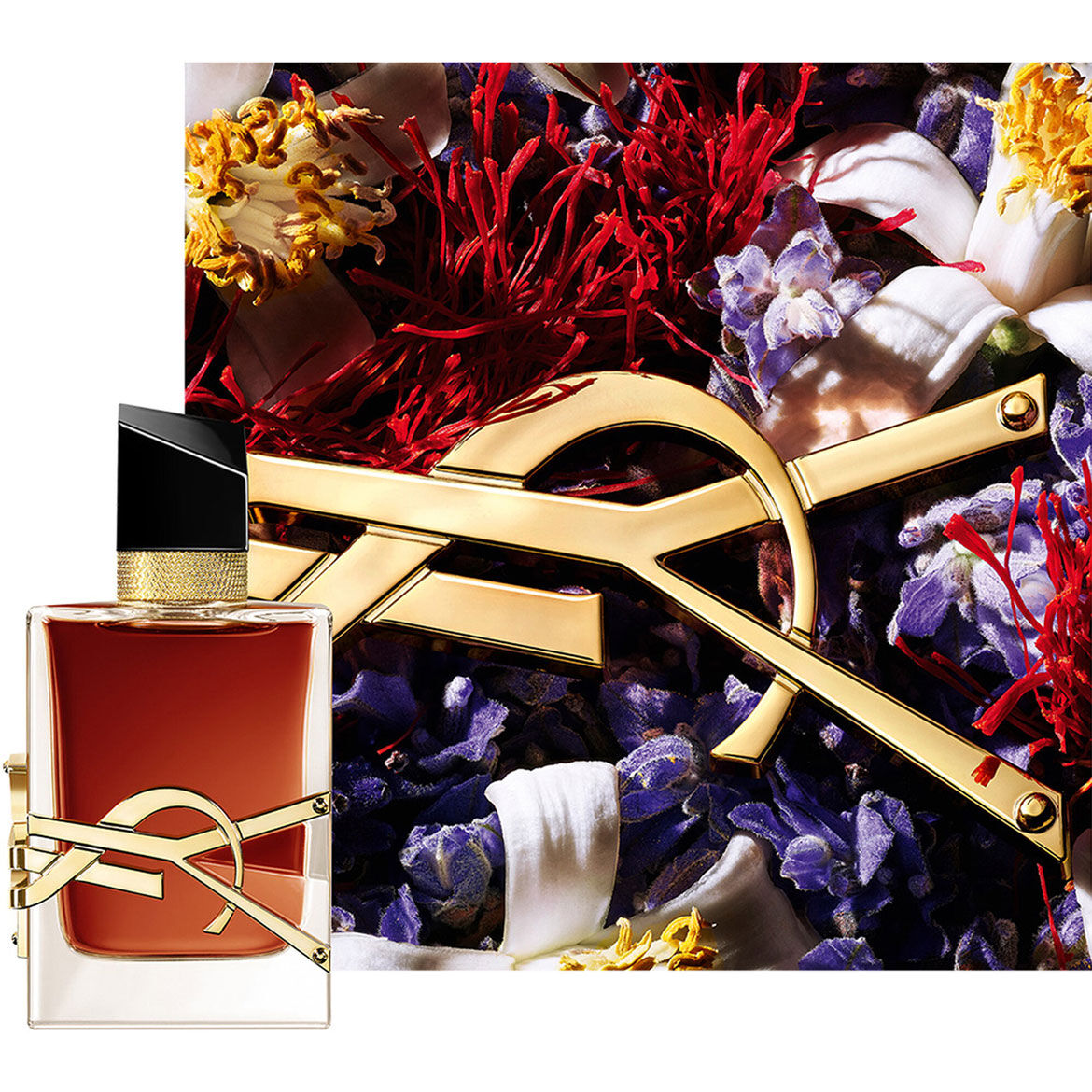 LIBRE LE PARFUM bottle styled with red floral elements and gold YSL logo.