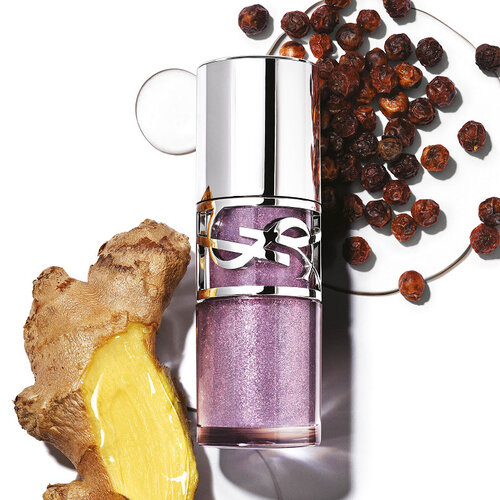 YSL LOVESHINE Plumping Gloss in shade 1, with ginger and peppercorns, on a white background.