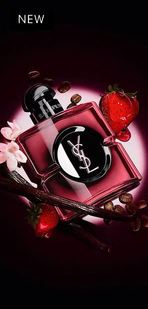 Black Opium Eau de Parfum Pink Glaze bottle surrounded by fresh strawberries, vanilla pods, coffee beans, and jasmine.