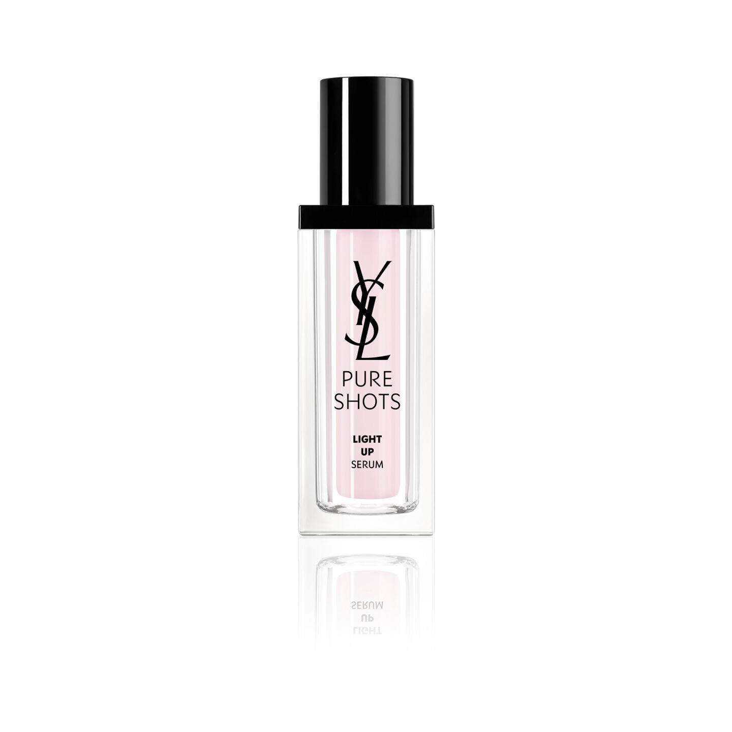 Pure Shots Light Up Serum bottle with black cap and pale pink-toned formula on a white background.