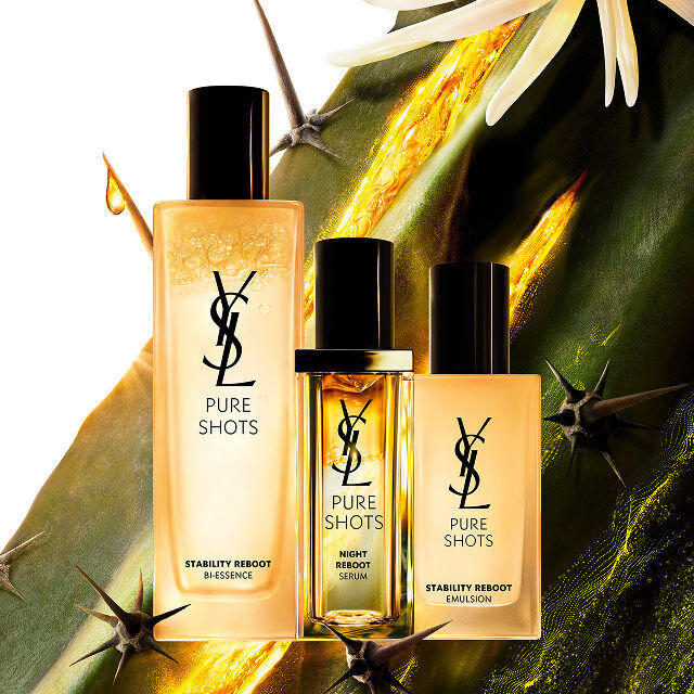 YSL Pure Shots trio: Stability Reboot Bi-Essence, Night Reboot Serum, and Stability Reboot Emulsion, with Moonlight Cactus.