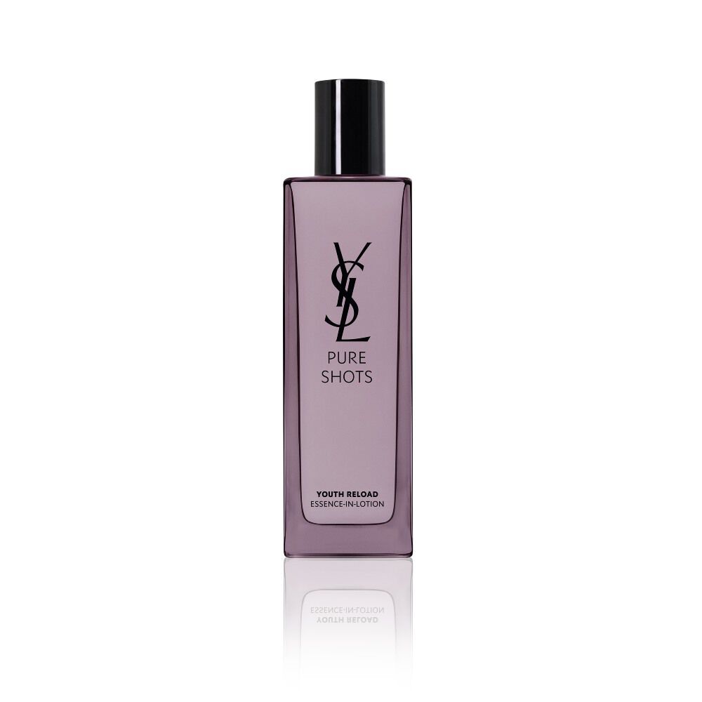 YSL Beauty Pure Shots Youth Reload Essence-in-Lotion, 150ml, in a tall purple-tinted glass bottle with black cap, reflected.