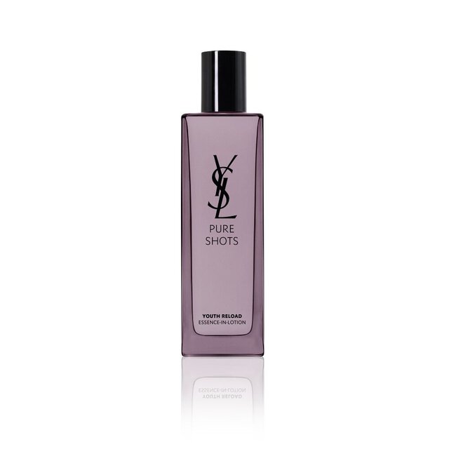 YSL Beauty Pure Shots Youth Reload Essence-in-Lotion, 150ml, in a tall purple-tinted glass bottle with black cap, reflected.