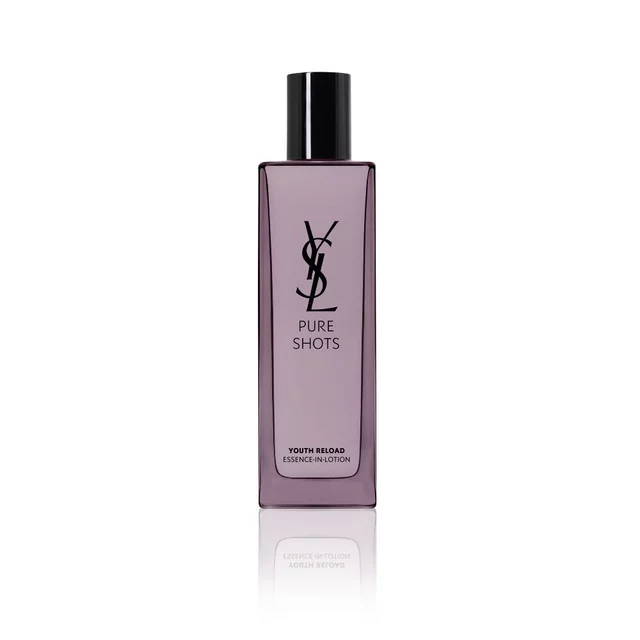 YSL Beauty Pure Shots Youth Reload Essence-in-Lotion, 150ml, in a tall purple-tinted glass bottle with black cap, reflected.