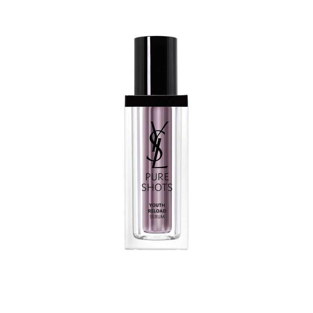 YSL Beauty Pure Shots Youth Reload Serum, 30ml, in a purple-tinted glass bottle with black pump, reflected on white.