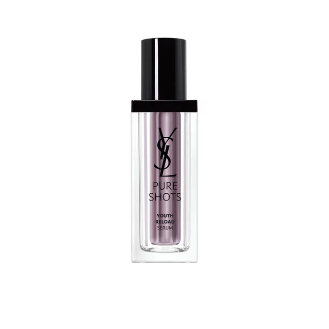 YSL Beauty Pure Shots Youth Reload Serum, 30ml, in a purple-tinted glass bottle with black pump, reflected on white.