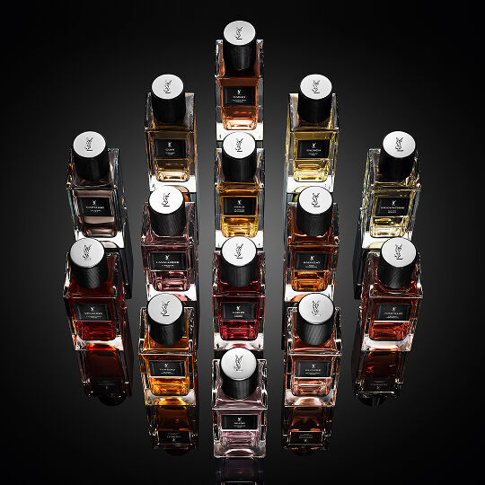 Top view of the complete Le Vestiaire des Parfums collection bottles arranged by YSL Beauty.