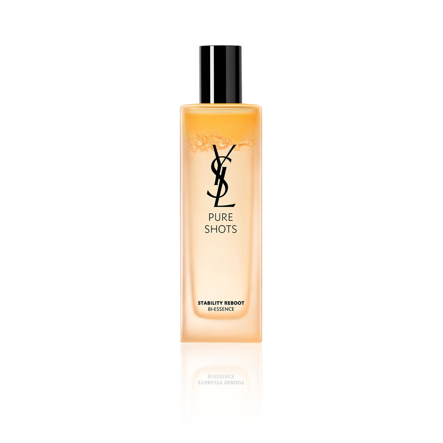 YSL Pure Shots Stability Reboot Bi-Essence 150ml packshot, front view, clear bottle with bi-phase golden liquid.
