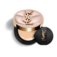 YSL SKIN AFFAIR SOFT GLOW CUSHION FOUNDATION. Pink quilted couture case with gold logo and black makeup puff.
