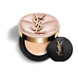 YSL SKIN AFFAIR SOFT GLOW CUSHION FOUNDATION. Pink quilted couture case with gold logo and black makeup puff.
