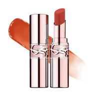 YSL LOVESHINE CANDY GLOW lip balm shade 12B with open and closed lipstick in rose gold Cassandre packaging.