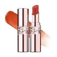 YSL LOVESHINE CANDY GLOW lip balm shade 12B with open and closed lipstick in rose gold Cassandre packaging.