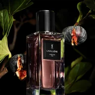 YSL LVDP Lavalliere Luscious Fig Eau de Parfum, an elegant fragrance bottle surrounded by lush fig branches and ripe figs.