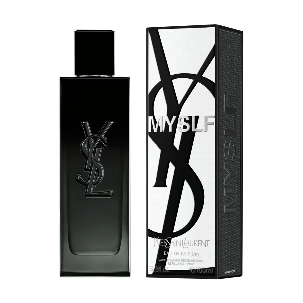The MYSLF Eau de Parfum bottle standing next to its black outer packaging featuring a large embossed YSL logo.