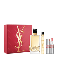 YSL Libre and Loveshine Spring Set with gift box, Libre Eau de Parfum 90 ml, 10 ml travel spray and mini Loveshine shade 44 on a white background.