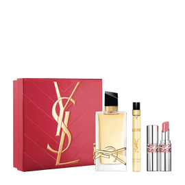 YSL Libre and Loveshine Spring Set with gift box, Libre Eau de Parfum 90 ml, 10 ml travel spray and mini Loveshine shade 44 on a white background.