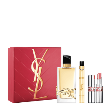 YSL Libre and Loveshine Spring Set with gift box, Libre Eau de Parfum 90 ml, 10 ml travel spray and mini Loveshine shade 44 on a white background.