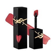 Matte black YSL lip stain bottle next to its unscrewed cap and applicator brush, displayed in front of a soft-matte liquid texture swatch.
